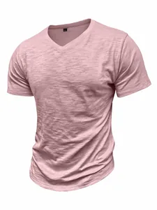 Close-up of men's pink slub cotton V-neck T-shirt with breathable texture detail