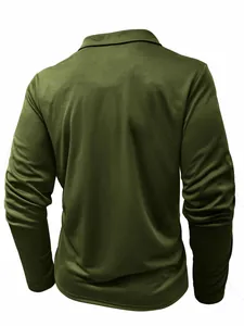 Back view of high-quality army green men's long-sleeve slim fit polo shirt with lapels