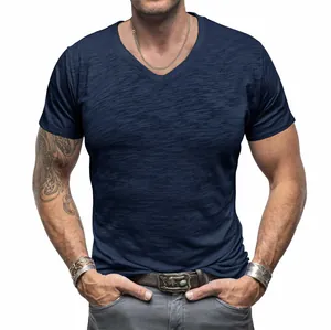 Detail view of men's navy blue v-neck t-shirt in breathable slub cotton fabric