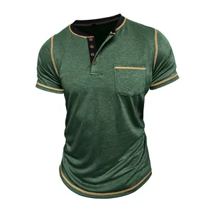 Men's green quick-dry Henley shirt with contrast stitching and chest pocket detail.