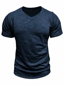 Detailed view of dark blue slub cotton texture on a men's casual V-neck short sleeve T-shirt