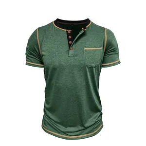 Close-up of green Henley shirt featuring contrast stitching and pocket details