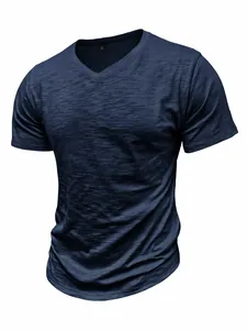 Detail view of men's navy blue slub cotton V-neck short sleeve T-shirt with texture