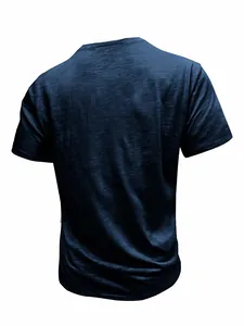 Rear view of men's navy blue slub cotton short-sleeve T-shirt showcasing fabric texture