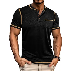 Close-up detail of a men's short-sleeve Henley shirt featuring gold contrast trim and pocket