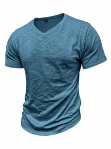 Detailed macro view of a blue men's slub cotton V-neck short sleeve casual summer T-shirt.