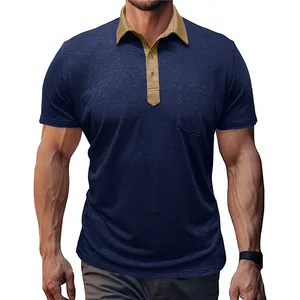 Detailansicht eines schmal geschnittenen Herren-Poloshirts in Marineblau und Khaki-Design.