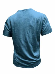 Rear view of a blue slub cotton men's casual short-sleeved T-shirt with textured finish.