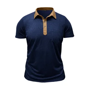 Marineblaues Herren-Poloshirt in Slim Fit mit braunem Kontrastkragen und Tasche