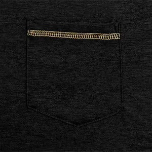 Close-up detail of yellow pocket stitching on a men's quick-dry black heather T-shirt