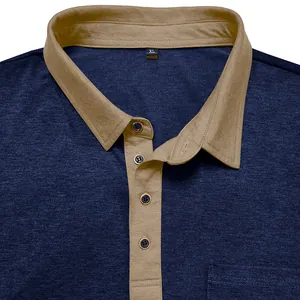 Detailaufnahme von Poloshirt-Kragen und Knopfleiste in kontrastierendem Marine und Beige