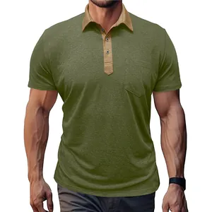 Detailansicht eines herren Poloshirts in Olivgrün mit khakifarbenem Kontrastkragen-Design