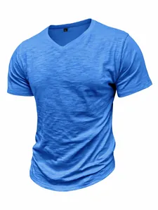 Close-up of blue slub cotton texture on a classic men's casual V-neck short sleeve T-shirt