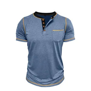 Detailed view of men's blue short-sleeve Henley T-shirt with contrast stitching