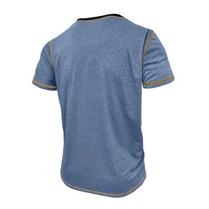 Back view of men's quick-dry blue heather t-shirt with orange contrast stitching.