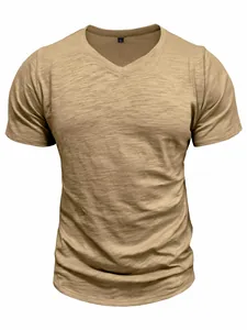 Full front detail view of khaki men's summer casual V-neck slub cotton short sleeve T-shirt