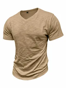 Detail shot of a khaki slub cotton V-neck T-shirt showing its unique fabric texture