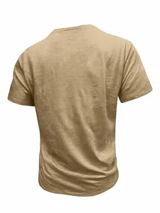 Back view of a men's khaki short-sleeve t-shirt highlighting the slub cotton texture