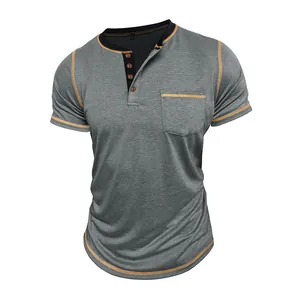 Front view of grey Henley t-shirt with contrast stitching and chest pocket detail