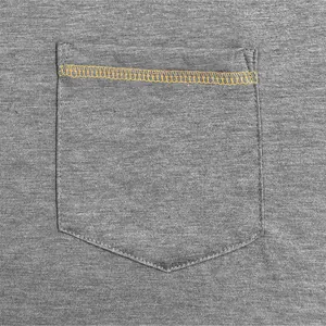 Close-up of grey Henley shirt pocket with decorative yellow overlock stitching