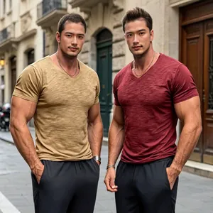 Men's Casual Slub Cotton V-Neck T-Shirt Short Sleeve Solid Color Slim Fit Summer Top Breathable 100% Cotton Tee for Daily Wear