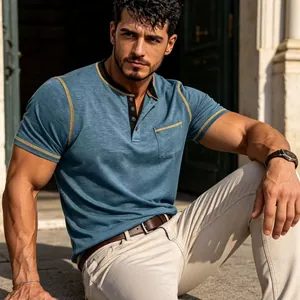Premium athletic fit blue moisture wicking Henley shirt with yellow contrast stitching