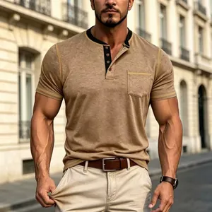 Men's khaki short sleeve Henley t-shirt with contrast black collar and chest pocket