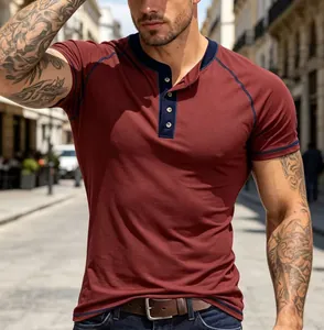 Men's breathable slim fit Henley t-shirt in burgundy with navy blue contrast trim details
