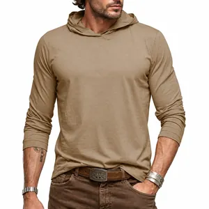 Detailed view of men's khaki long-sleeve hooded T-shirt made of breathable cotton fabric