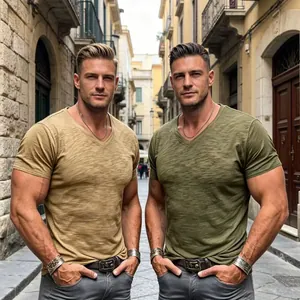 Two men wearing classic slub cotton V-neck short sleeve T-shirts in khaki and olive green colors