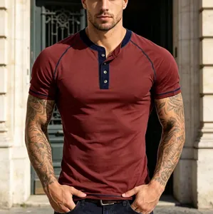Close-up of a slim fit maroon Henley shirt for men featuring navy blue trim and buttons