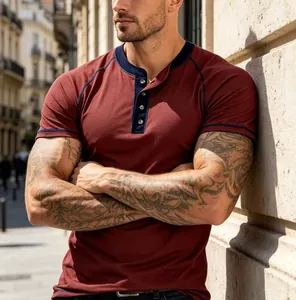 Men's burgundy Henley t-shirt with navy contrast trim and button placket detail