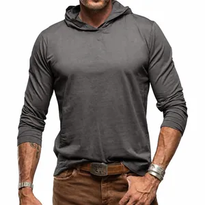 Close-up of men's charcoal grey long sleeve hooded t-shirt in premium breathable cotton