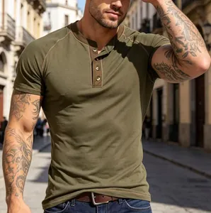 Close-up of olive green men's Henley shirt with three-button neckline detail