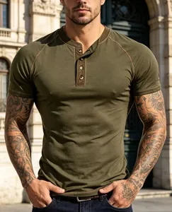 Slim fit olive green Henley shirt for men with three-button placket and raglan sleeves