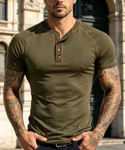 Detail view of men's slim fit olive green Henley T-shirt with textured button placket