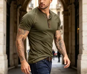 Men's slim-fit army green Henley t-shirt with short sleeves and button collar detail