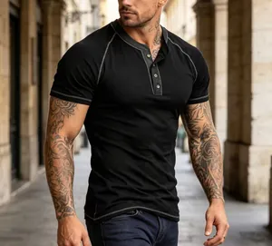 Slim-fit black Henley shirt with contrast stitching and raglan sleeves for men.