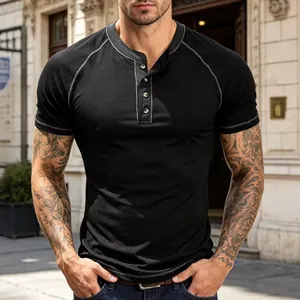 Slim fit men's black short sleeve Henley T-shirt with white contrast stitching details
