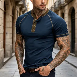 Men's slim fit short sleeve Henley t-shirt in navy blue with contrast stitching