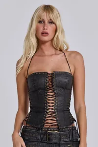 Detailed view of a sexy black PU leather lace-up halter corset top in Y2K style