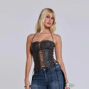 Front view of the black PU leather lace-up halter corset top with edgy metal eyelets