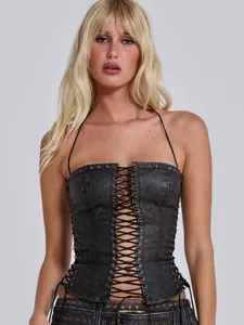 Women Sexy Halter Lace-up PU Leather Corset Top Slim Fit Waist Cincher Hollow Out Sleeveless Short Cami Spice Girl Streetwear