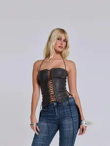 Western style sexy black PU leather halter corset top featuring front lace-up design