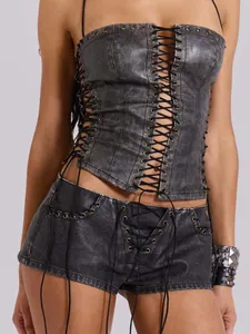 Sexy acid-wash PU leather corset top and lace-up shorts set for women in streetwear style.