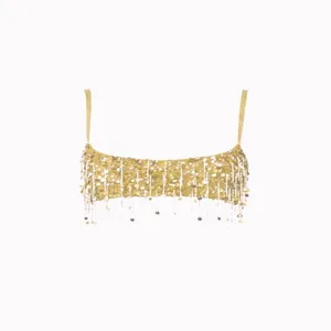 Detailed view of a sexy gold sequined crop top featuring sparkling fringe tassels