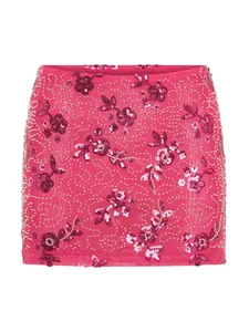 Pinker Minirock aus Mesh mit Pailletten-Blumenstickerei und Perlen Sommer Mode