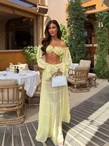 Women Vacation Style Top And Bottom Off Shoulder Ruffle Crop Top Tiered Maxi Skirt Set Polyester Beach Party Outfit