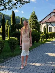 Dames Sexy Perspectief Mesh Baleinen Corset Midi Jurk Kant Splicing Bodycon Sling Jurk Voor Feest Vakantie Clubwear Nude