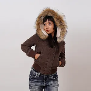 Stylish American retro brown corduroy jacket with an oversized detachable faux fur hood